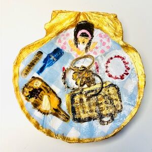 Handmade shell ring dish with gingham decoupage with hand painted picnic scene.